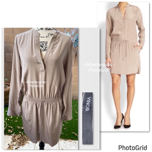 NEW Vince. 100% Silk Mink Nude Color Drawstring Waist Long Sleeve Shirt Dress 12 - Picture 16 of 16